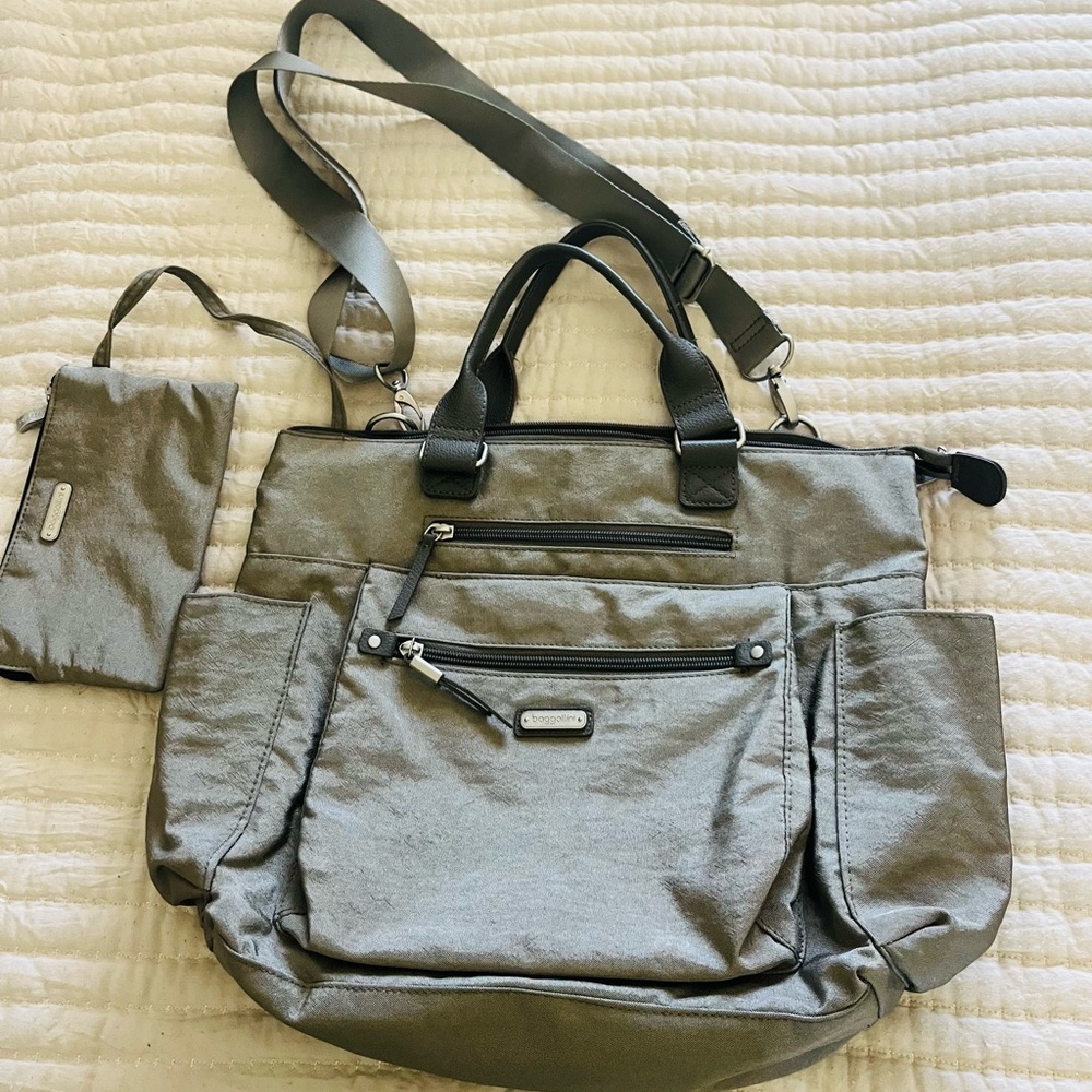 Baggallini Gray Travel Bag with RFID pouch and luggage strap